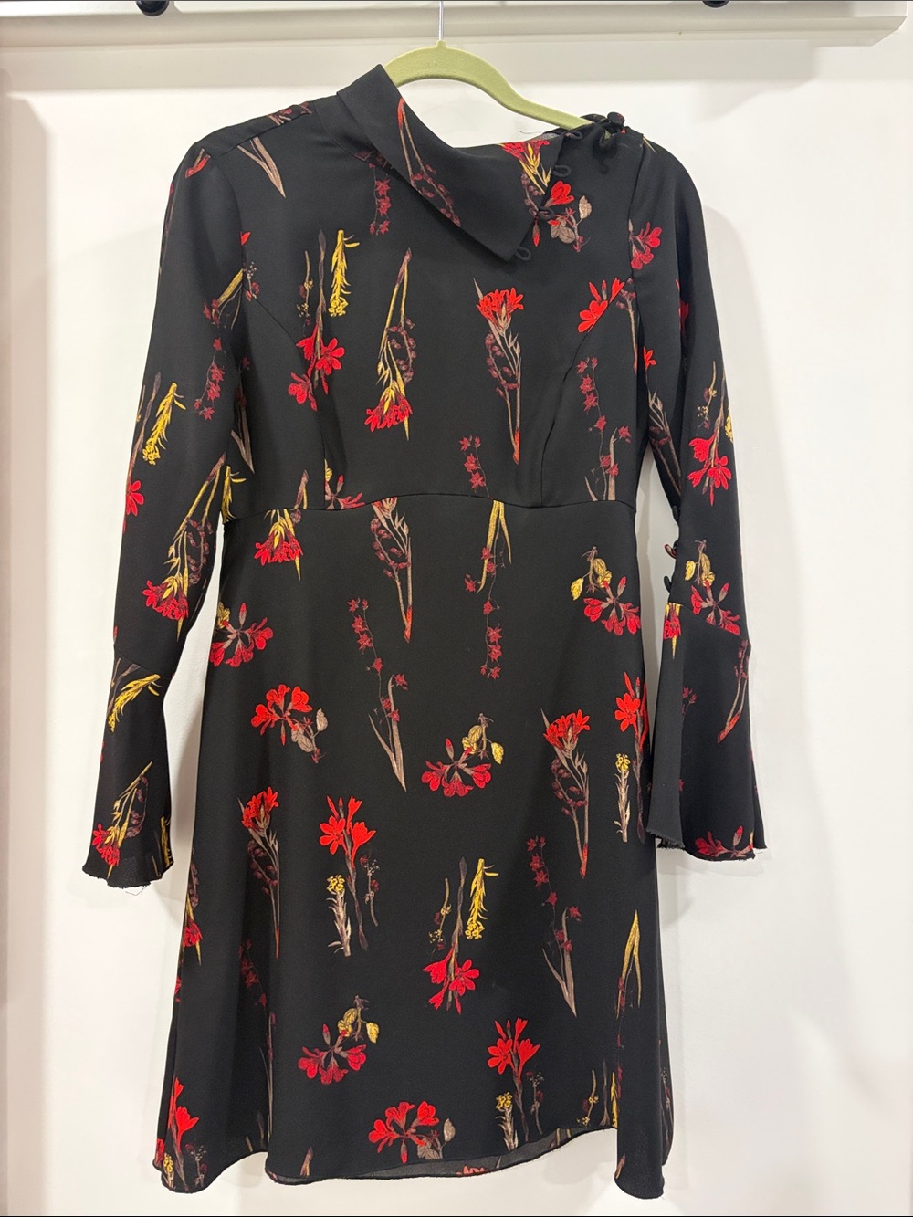 Vince Camuto Black Long-Sleeve Chinoiserie Floral Dress with Red & Yellow Print